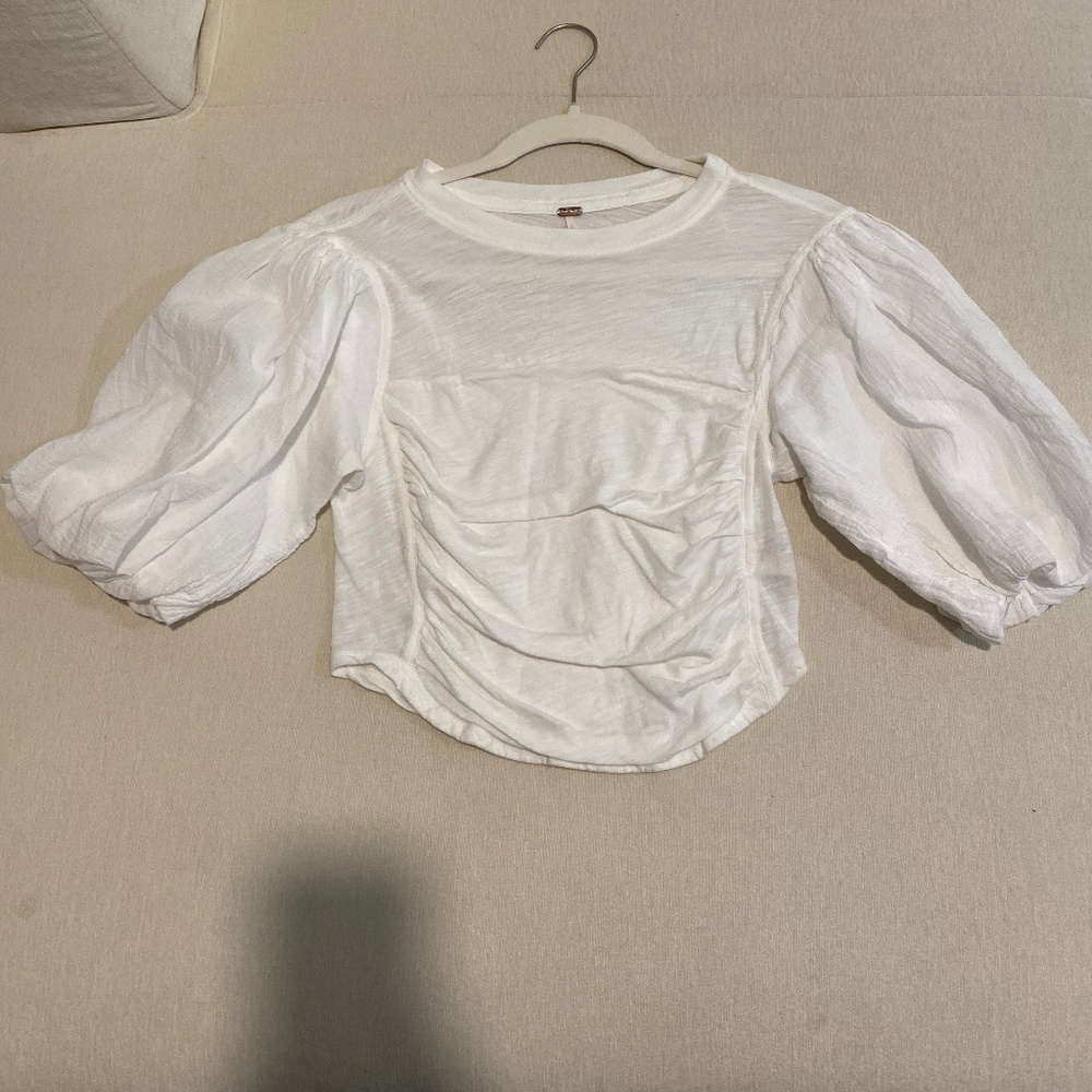 Free People Sweet Spot ivory ruched puff sleeve top